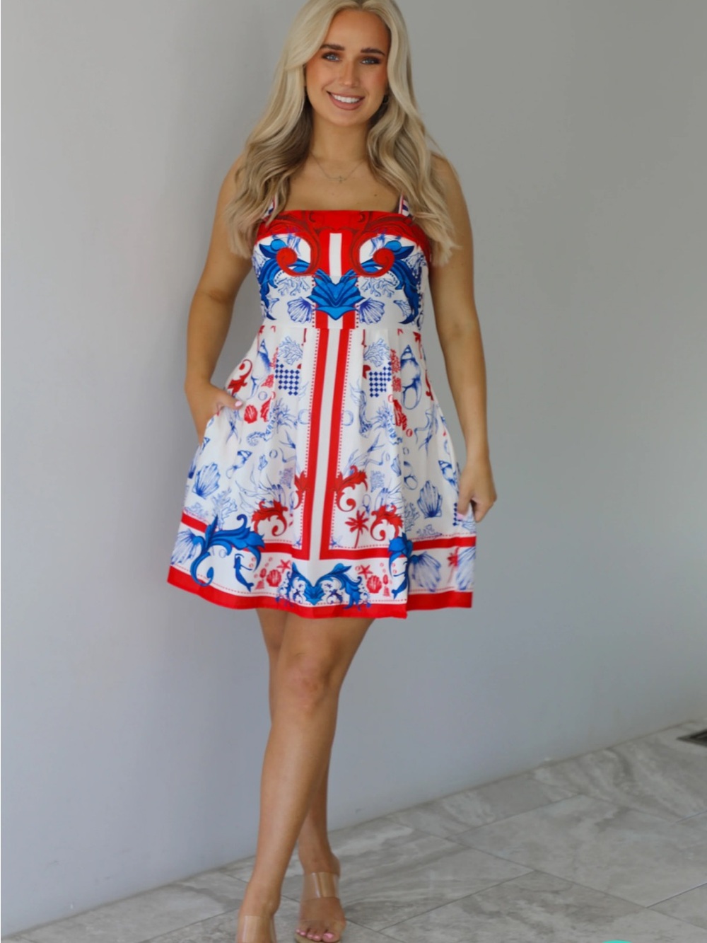 By the Seashore Red White & Blue Dress SundayUp Size Large NEW Ole Miss Pockets